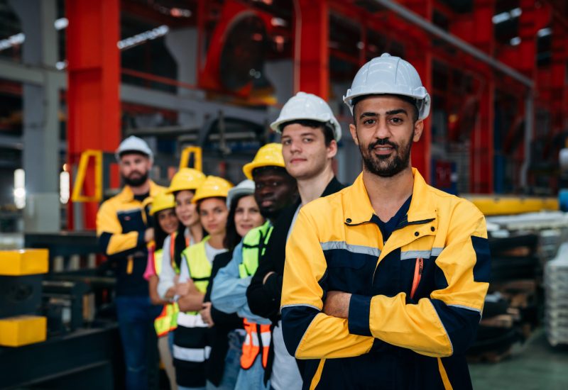 Portrait of industrial worker inspecting and check up machine at factory machines. Background is technician team.